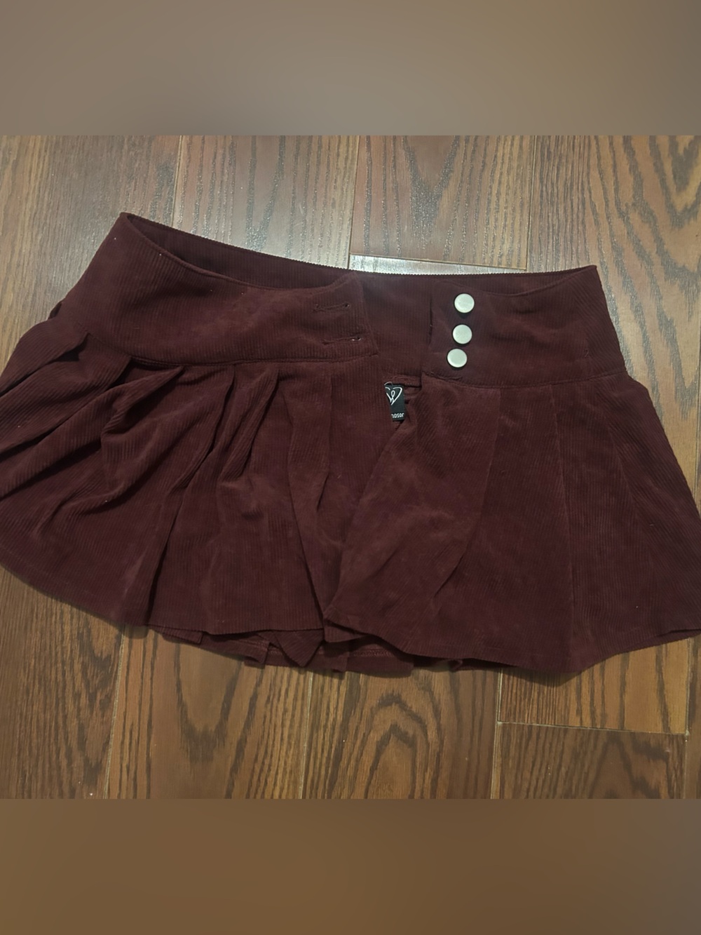 Windsor Maroon Corduroy Pleated Mini Skirt with Button Accent